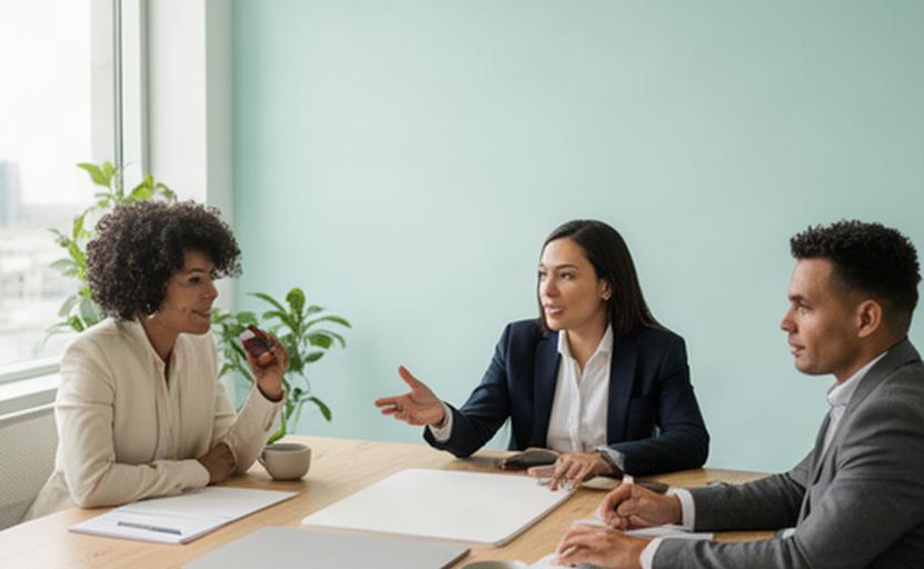 Consultants bespreken groeiplan aan tafel in een lichte kantoorruimte