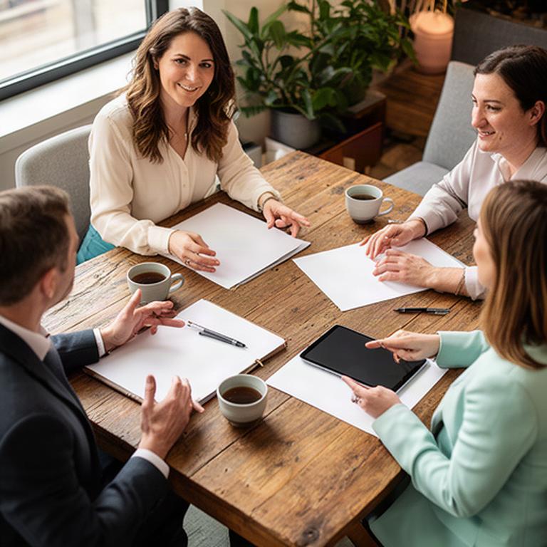 Consultantsteam overlegt met documenten aan een houten tafel